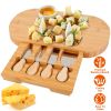 Oval Bamboo Cheese Board Knife Set Wooden Cheese Serving Platter Tray with 4 Stainless Steel Knives Pull-out Storage Drawer for Wedding Birthdays