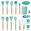 11Pcs Silicone Cooking Utensil Set Heat Resist Wooden Handle Silicone Spatula Turner Ladle Spaghetti Server Tongs Spoon Egg Whish Kitchenware Set w/ H