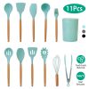 11Pcs Silicone Cooking Utensil Set Heat Resist Wooden Handle Silicone Spatula Turner Ladle Spaghetti Server Tongs Spoon Egg Whish Kitchenware Set w/ H