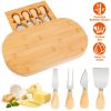 Oval Bamboo Cheese Board Knife Set Wooden Cheese Serving Platter Tray with 4 Stainless Steel Knives Pull-out Storage Drawer for Wedding Birthdays