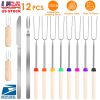 Stainless Steel Roasting Sticks Set 31.9in Extendable Telescoping Marshmallow Hot Dog Fork Skewers Set w/ Corn Needles Fork Knife For BBQ Fire Pit Cam