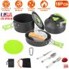 16Pcs Camping Cooking Ware Set Camping Stove Cookware Kit Aluminum Pot Pan Kettle Set with Bowls Knife Fork Spoon Carabiner Spatula Cutting Board for