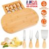 Oval Bamboo Cheese Board Knife Set Wooden Cheese Serving Platter Tray with 4 Stainless Steel Knives Pull-out Storage Drawer for Wedding Birthdays