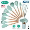 11Pcs Silicone Cooking Utensil Set Heat Resist Wooden Handle Silicone Spatula Turner Ladle Spaghetti Server Tongs Spoon Egg Whish Kitchenware Set w/ H