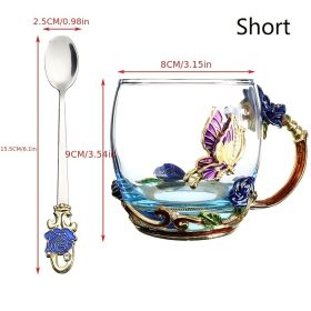 1pc Rose Enamel Crystal Tea Cup; Coffee Mug; Tumbler Butterfly Rose Painted Flower Water Cups; Clear Glass With Spoon Set (Color: Blue)